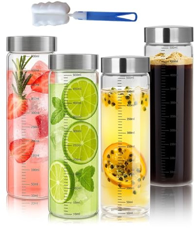 DBAATTZ Botella de Agua de Cristal, Botellas de Vidrio 500 ml Con Tapa de Acero Inoxidable, 4 Piezas Botellas de Vidrio con Escala de MedicióN, Con Cepillo de limpieza, Botella de Batido Reutilizable