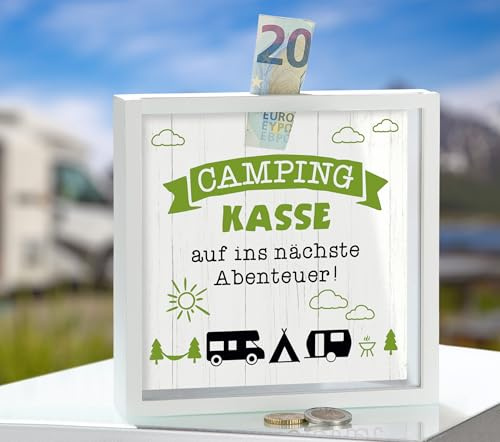 mucHome Spardose aus Holz, Weiß, Dekorative Geldbox mit Verschiedene Designs, Rahmen mit Münzschlitz, Geschenkidee, Gelddose, Geldgeschenke (Camping-Kasse)