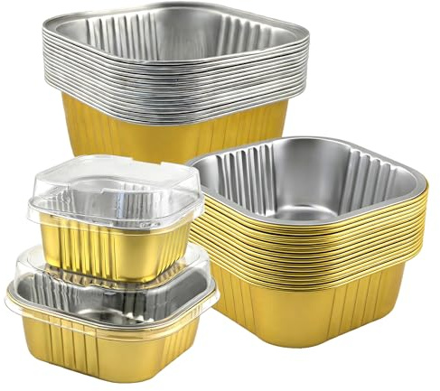 30 Pcs Aluminium Foil Baking Cups with Lids - Reusable Muffin/Cupcake Moulds for Cakes, Cheesecakes & Desserts