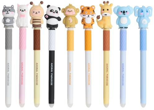 VEGCOO 9 Stück Set Radierbare Gelstifte mit Thermoempfindlicher Radiertinte, mit 3D-Cartoon-Tier-Stiftkappen, Radierbarer Kugelschreiber,Wischfester Kugelschreiber (Blau Tinte),Für Schulen Büros