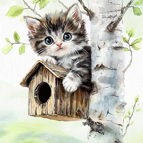 Servietten Papier 33x33cm 3-lagig 20 Stück - nachhaltig & hochwertig - Einweg Frühlingsservietten mit Kätzchen & Vogelhaus - Papierservietten für Frühling Sommer Tischdeko