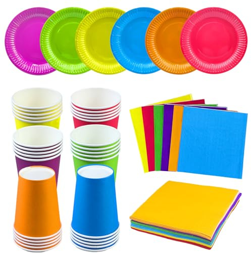 90Pcs Colorful Party Paper Plates Cups Napkins, Rainbow Party Tableware Set | Includes 30 Paper Plates, 30 x 270ml Cups, 30 Napkins, Colourful Party Tableware Set for Birthday Holiday Events