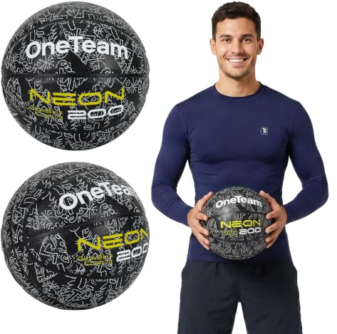 OneTeam Neon Basketball Größe 7 für Indoor und Outdoor, Schwarz | Robuster Verbundball für Halle & Beton: starker Grip, neonfarbenes Design für hohe Sichtbarkeit, formstabil und langlebig