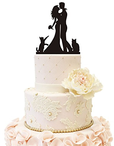 iEventStar Braut und Bräutigam Hochzeitstorte Topper Hochzeitsdekoration mit zwei Katzen Partydekorationen aus Acryl (Paar mit 2 Katzen, Schwarz)
