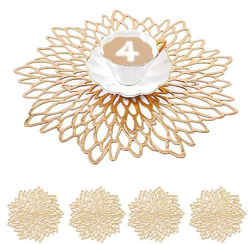 Mangata tovagliette e sottobicchiere oro tonde, 38 cm tovaglietta vinyl per natalizie, anniversari, cene, Ristorante, Hotel (lavabili, Set di 4)