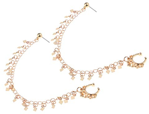 2stücke Punk Stil Nasenring Und Ohrstecker Mit Quasten Und Kette Geometrisches Design Gold Für Einzigartige Körperverzierungen Und Besondere Anlässe