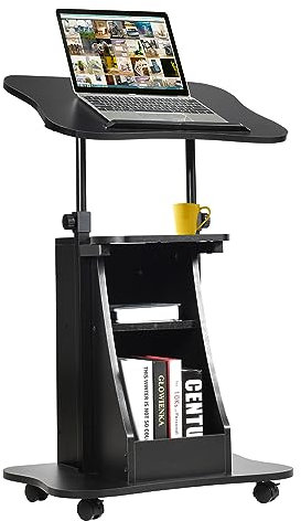 COSTWAY Carrello Porta Computer, Altezza Regolabile, Postazione da Lavoro con Ruote, carretto Porta Computer e Scrivania con Superficie Girevole,Ideale per Casa e Ufficio