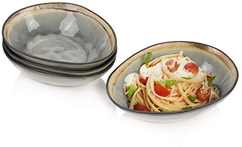 SÄNGER | Pastateller Capri Grau 4 tlg, Pasta Schüssel Set 4 Personen, Steingut Geschirrset für Pasta, Bowl Schüssel Spülmaschinenfest, Pasta Teller Set Grau mit Braunem Rand 1,2 L | PREMIUM COLLECTION