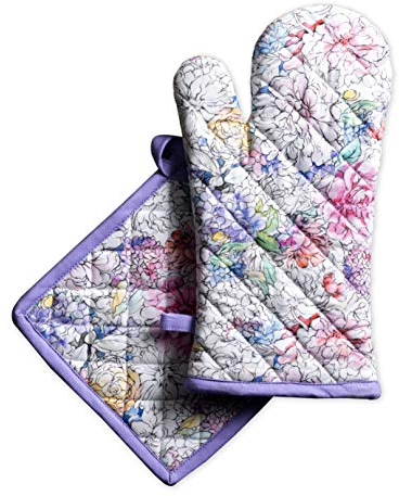 Maison d' Hermine Floral Love Ensemble de Gants de Cuisine 100% Coton (19cm x 33cm) et manique (20cm x 20cm) pour Cuisson, Micro-Ondes, Barbecue, Printemps/été, fête mères