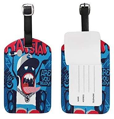 Rap Star Blue Monster Kofferanhänger mit Adressschild Lustig Leder Gepäckanhänger ID Etikett mit Namenschild für Reise Koffer Tasche(3PACK)
