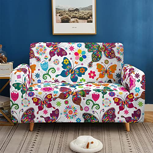 Sofa Überzug Bunter Schmetterling Sofabezug Stretch Elasthan Couch überzug Abnehmbare Waschbar Sofaschoner Anti Rutsch Couchbezug Moderne Sofa Cover Universal Sofahusse Sofabezug Ecksofa 2 Sitzer