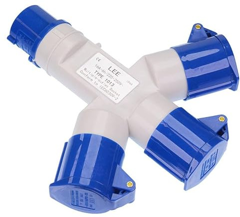 Blue 3 Way Splitter 16A 230V 2P+E IP44 Plug Socket Connector Industrial