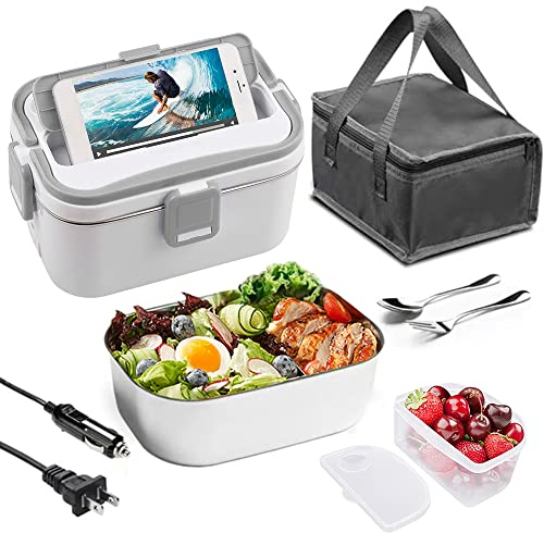 Ailgely Scaldavivande Elettrico Portatile 60W USB,Lunch Box Portavivande Termico(12V/24V/220V) Acciaio Inox 1,8L Doppio Voltaggio Porta Pranzo, per Ufficio e Auto
