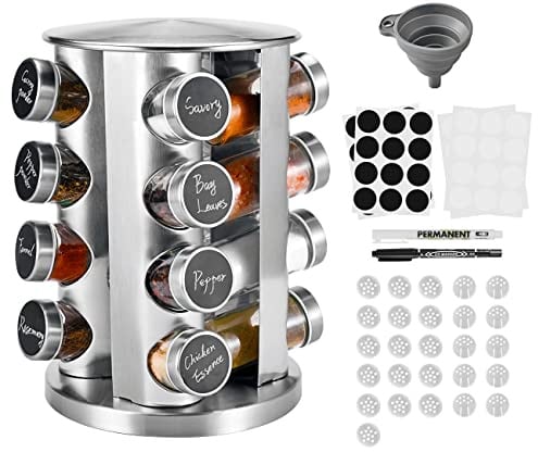 Miorkly Rotating Spice Rack Organiser with 16 Spice Jars, Thick and Strong Spice Racks Free Standing Carousel Spice Storage Can Rotated 360°, 16 Glass Spice Jars for Cooking Revolving Spice Rack