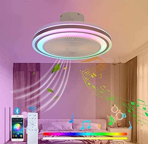 YUNZI LED RGB Bluetooth Bladeless Ceiling Fan Light with Speakers, Low Profile Colorful Ceiling Fan With The Change of Music Rhythm Summer & Winter Reversible-A