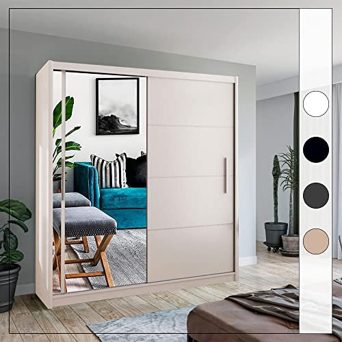 Modern Double Sliding Door Wardrobe 2 Mirrored Hanging Rails & Shelves Storage Cabinet for Bedroom (White, 203cm)