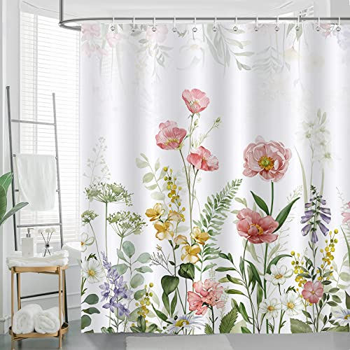 Bonhause Duschvorhang Blume Pflanze Frühling Blätter Duschvorhänge 180 x 180 cm Anti-Schimmel Wasserdicht Polyester Stoff Waschbar Bad Vorhäng für Badzimmer mit 12 Haken