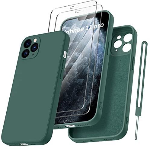 Qasyfanc für iPhone 11 Pro Hülle mit 2 Stück Hartglas Schutzfolie, Silikon Case Ultra Dünn Microfiber Kameraschutz Rundumschutz Anti-Kratzer Handyhülle für iPhone 11 Pro 5.8'' - Dunkelgrün