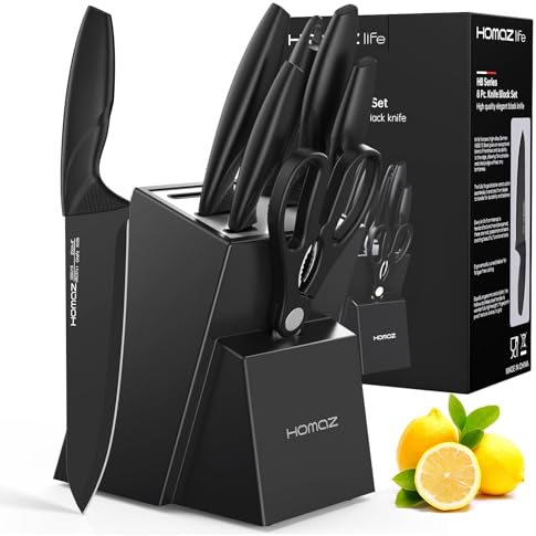 Knife Set with Block, Kitchen Knife Sets 8 Piece with Sharpener, Kitchen Knives for Chopping, Slicing, Dicing Cutting by Homaz