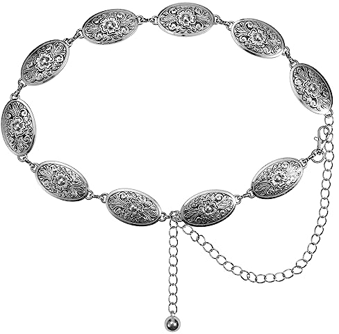 WLLHYF Mode Kettengürtel für Damen, Western Oval Concho Kette Gürtel Verstellbare Taillenketten für Kleider Jeans Western Cowgirl, Silber, Einheitsgröße