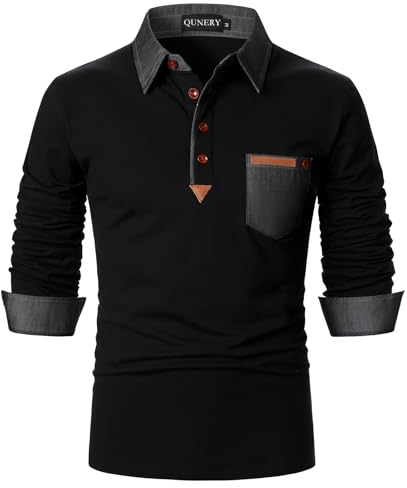 QUNERY Poloshirt Herren Langarm Getäfelt T Shirts Golf Tennis Hemden Casual Tops Schwarz M
