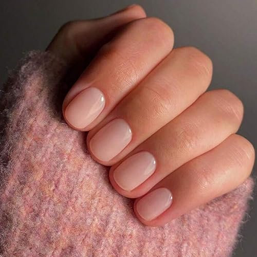 JUSTOTRY 24 Pcs Nude Press on Nails Short Pattern,Glossy Solid Fake Nails Square,White Squoval Stick on Nails for Women and Teens,Glue on Nail for Nail Art Gifts
