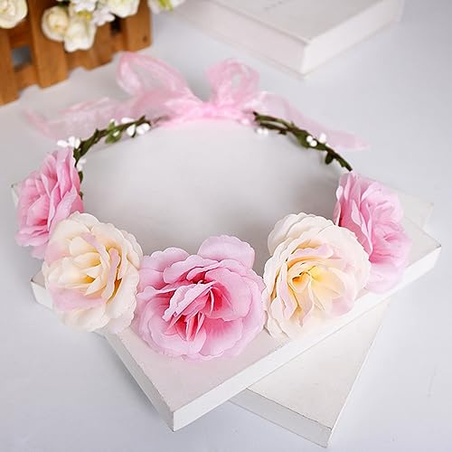 Blumenkranz Haare Haarkranz Blumen Haarreif, Blumenmädchen Stirnbänder Kopfschmuck Floral Girlande Blumenstirnband Verstellbarer Gürtel für Hochzeit Zeremonie Party Festival,Rosa E
