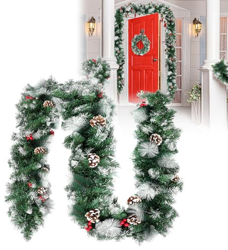 HENGMEI 5M Weihnachtsgirlande Tannengirlande mit Beleuchtung Weihnachtsdeko Girlande Verschiedene Formen Aussen und Innen Deko für Weihnachten Treppen (Mit Lichterkette, 500cm Weiß Schnee)