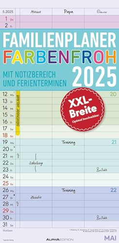 Alpha Edition - Familienplaner Farbenfroh 2025 Familientimer, 22x45cm, Familienkalender mit 3 Spalten für Termine, viel Platz für Notizmöglichkeiten, Ferientermine DE/AT/CH, deutsches Kalendarium