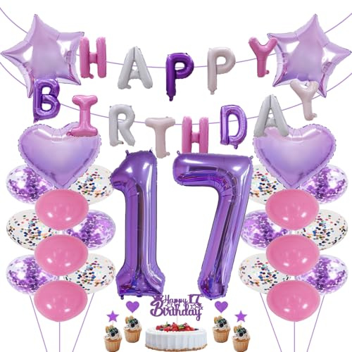 ZWWsullo Luftballon zum 17 Geburtstag lila geburtstagsdeko Happy Birthday Banner mit Pompoms Papier Girlande Folienballon 17 Geburtstag deko Riesen Folienballon Zahl 17 Geburtstag Lila Deko