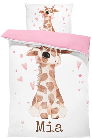 Pictogogo Personalisierte Baby Bettwäsche Mit Giraffe, Wählbare Unterfarbe aus Baumwolle, Kinderbettwäsche Mit Namen 80x80cm, Babybett Komplett Set Mit Reißverschluss