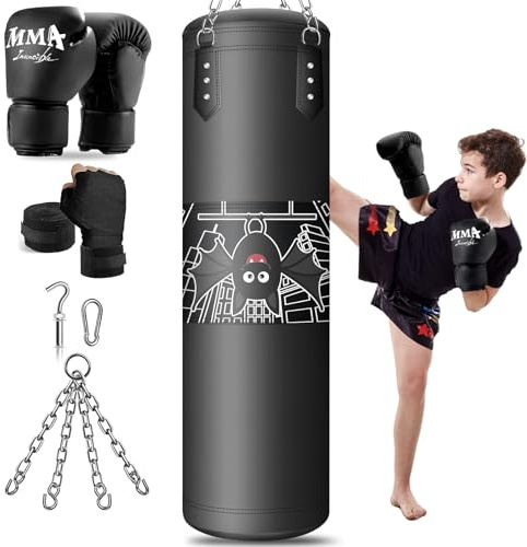 JUOIFIP Punching Bag Hanging, 2.7FT Boxing Bag with Boxing Gloves, Kids Boxing Set Kickboxing Bag for Youth Boxing Karate Muay Thai Kick Taekwondo Training(Without Filling)