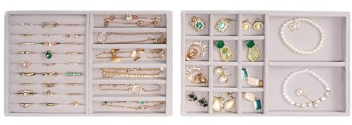ProCase Jewellery Tray Organiser, Jewellery Drawer Organiser Velvet Stackable Jewellery Storage Tray for Drawer Jewellery Display for Earring Necklace Ring Bracelet -2 Layers, Grey