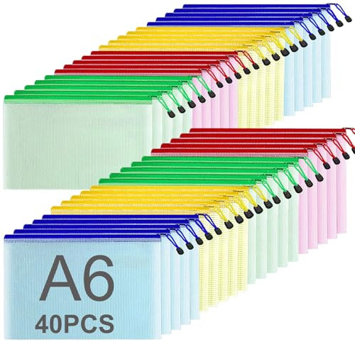 ASelected 40 Stücke Dokumententasche A6 Reißverschluss, 4 Farbe Mesh Kunststoff Reißverschlusstasche A6, Zipper Taschen für Datei, Dokumente, Hausaufgaben, Reisezubehör