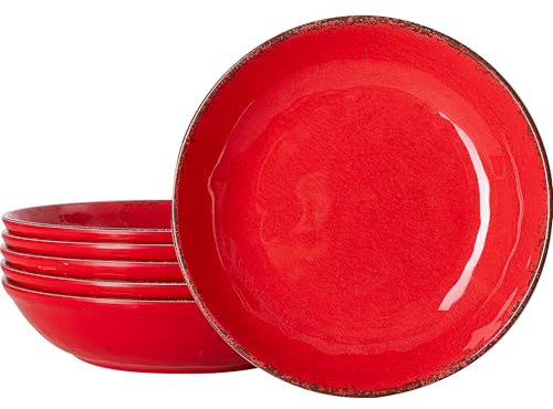 LEHAHA Vintage Melamine Pasta Bowls, Set of 6, 9.25 inch Large Salad Bowls, Unbreakable 100% Melamine Serving Bowls Set for Dinner, 42 oz Wide and Shallow Bowls Set, Dishwasher Safe, Red…