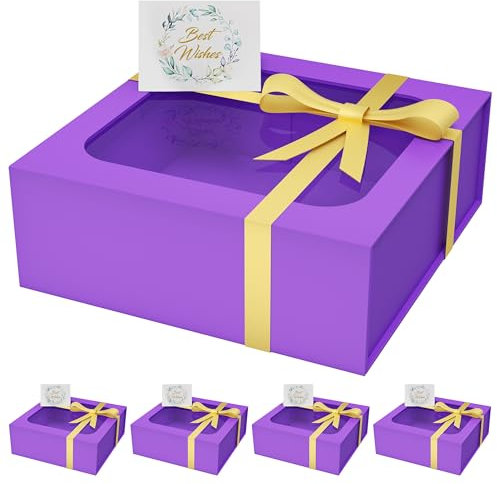 PSHVYM Geschenkbox mit Fenster, 19,1 x 19,1 x 7,6 cm, in violetter Geschenkbox für Geschenke, magnetische Deckel, zusammenklappbar für Brautjungfernantrag, Hochzeit, Geburtstag, Weihnachten, enthält