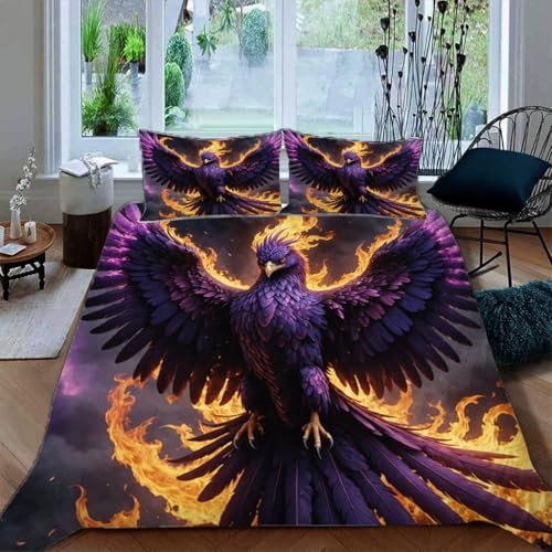 Ruiqieor Bettwäsche 135x200cm,Feuer-Phönix Motiv Bettbezug Set 3 Teilig Bettbezug Weiche Mikrofaser Baumwolle Bettdeckenbezug mit Reißverschluss und 2 Kissenbezug 80x80cm(#2)