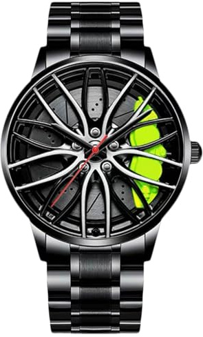 RORIOS Mode Herrenuhren Analoge Quarz Armbanduhr Car Hub Design Uhren Cool wasserdichte Uhr mit Edelstahl Armband für Männer Grün A