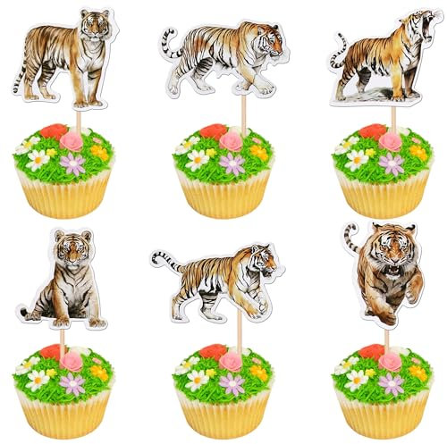 36 Stück Tiger Cupcake Toppers Wildes Tier Tortendeko Tiger Kuchen Deko für Wildes Tier Thema Baby Dusche Kinder Geburtstag Party Kuchen Dekorationen