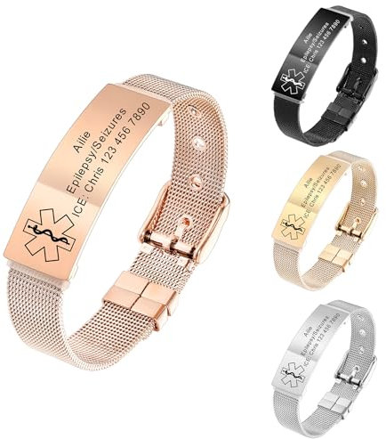 MeMeDIY Personalisierte Medizinische Alarm Armbänder für Frauen/Männer Verstellbare Silikon Wasserdichtes Armband/Armbänder aus Edelstahl mit Eingraviertem Medizinische ID Alert Info Style-D4