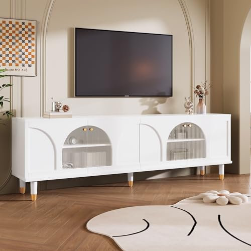 Meuble TV élégant, Banc TV Blanc/Noir, Meuble Télé avec Portes Cintrées en Verre Nervuré, 4 Portes, 173 x 38 x 59 cm, Meuble TV au Design Moderne pour Téléviseurs jusqu'à 59 pouces, Meuble Salon