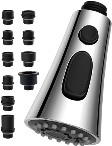 Hibbent Küchenarmatur Kopf Ersatz, 3-Funktions-Küche Spüle Sprühdüse kompatibel mit Moen,Pull Down Küche Sprühkopf mit 9 Adaptern, EU Standard, Delta, Kohler Wasserhähne, Chrom