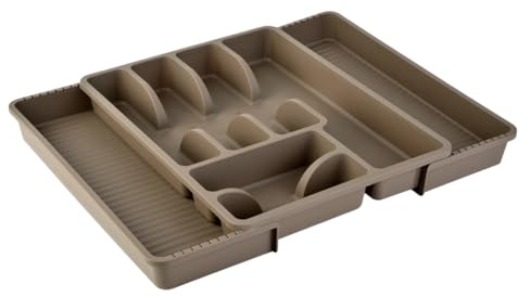 Engelland - 1 x verstellbarer Besteckkasten, Braun, Besteckkorb mit 8 Fächern, Kunststoff, BPA-frei, Besteckhalter, Besteckeinsatz für Küchenschubladen, Maße: 29-51 x 38 x 5 cm