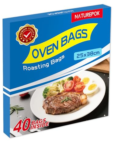40 PCS Oven Roasting Bags with Ties — 38 x 25cm Heat-Resistant Cooking Bags for Chicken Turkey Meat Fish — Multipurpose Food Safe Oven Bags for Baking Steaming Roasting Grilling Meal Prep