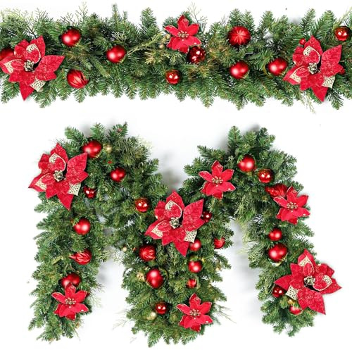 Guirnalda de Navidad 2.7m, Abeto Artificial Guirnalda de Ratán, Navidad Decoración para Exterior, Escaleras, Chimenea, Puerta de Entrada Patio y Jardín