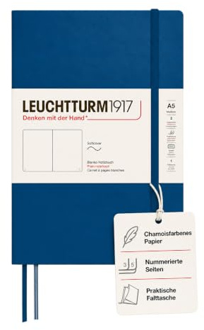 LEUCHTTURM1917 Notizbuch Medium A5 Softcover, Blanko, Indigo | 123 nummerierte Seiten, Fadenheftung, chamoisfarbenes Papier, mit Falttasche