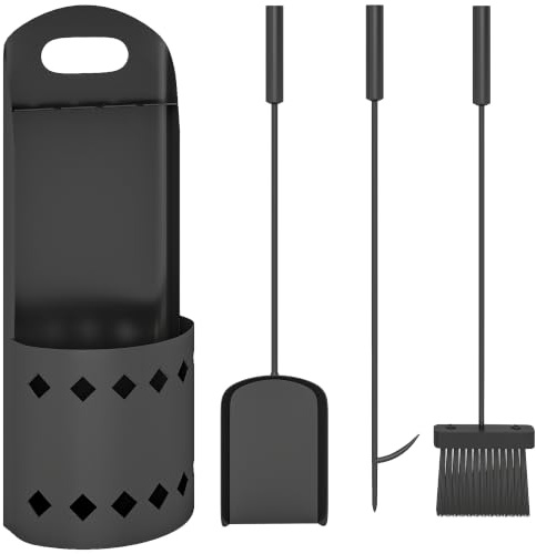 Outsunny Ensemble Serviteur de Cheminée 4 Pièces en Métal Support Noir | Ensemble d'Outils de Cheminée avec Balai, Pelle, Tisonnier