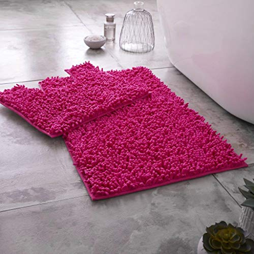 BritAces 2 Piece Chenille Bath Mat Set - Ultra Soft Non Slip Bathroom Rugs - Super Absorbent Loop Design Toilet & Pedestal Mat Set - Luxury Washable Mats for Shower and Bathroom Floor - Fuchsia