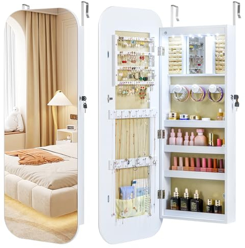 COSTWAY LED Lights Jewellery Cabinet, Door Hanging/Wall Mounted Jewelry Armoire with Rounded Full Length Mirror, Interior Mirror & Large Storage, Bedroom Lockable Cosmetics Jewellery Organiser, White