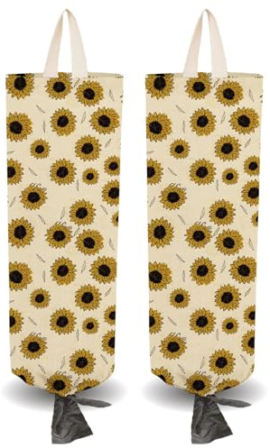 PRESSINART 2Pcs Grocery Bag Holder Sunflower Cloth Plastic Bag Holder with 4Pcs Adhesive Hooks Sunflower Pattern Polyester Reusable Wall Mount Storage Organizers for Home Kitchen Pantry Decoration